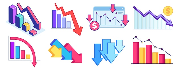 График падения. финансовый кризис, проблемы бизнеса и падение экономики. график со стрелкой вниз, убыток и уменьшение дохода.