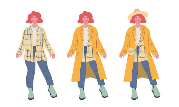 ベクトル 秋のファッション ワードローブ 女性キャラクターをドレスアップ コートと帽子を身に着けているスタイリッシュな女性 手描きの漫画のベクトル図