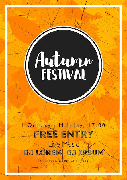 Vettore modello di festival autunnale. foglie di autunno colorate luminose su sfondo verticale. modello per vacanze, concerti e feste. tema autunnale.