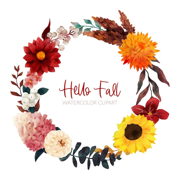 Vector fall floral wreath autumn flowers and leaves