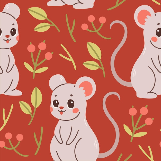 Fall pattern with mouse Seamless woodland pattern with leaves and cute forest animal on red