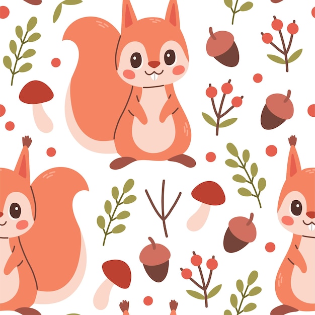 Fall pattern with squirrel seamless woodland pattern with leaves and cute forest animal on white