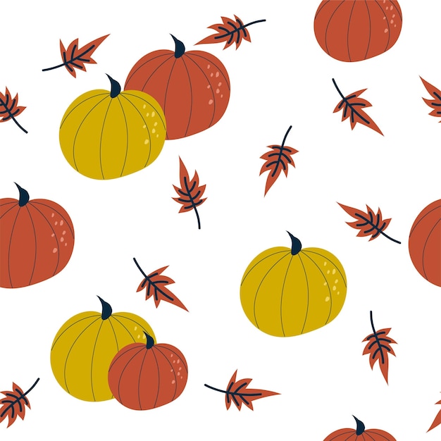 Vector fall seamless pattern with pumpkins and leaves