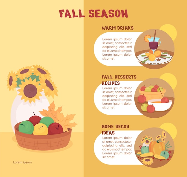 Fall season flat color vector infographic template. warm drinks. home decor. poster with text, ppt page concept design with cartoon characters. creative data visualization. info banner idea