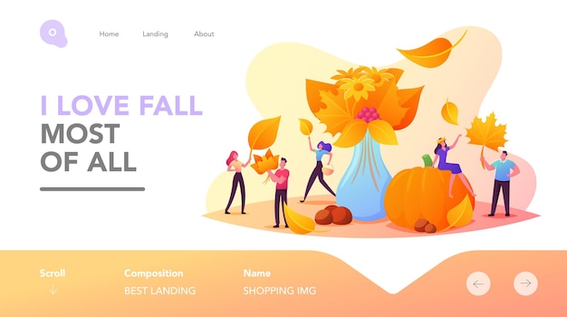 秋のシーズン、アウトドアアクティビティのランディングページテンプレート。カラフルな落ち葉、花、ベリーの秋の花束を収集する小さなキャラクター。巨大な熟したカボチャの人々。漫画のベクトル図