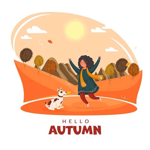 Vector fall season sunlight background with cheerful young girl and dog illustration for hello autumn concept