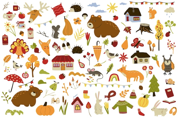 Fall set Autumn kit Houses leaves warm closes pumpkins animals nuts rainbow Clip art stickers