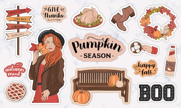 Fall themed planner stickers with autumn decoration elements