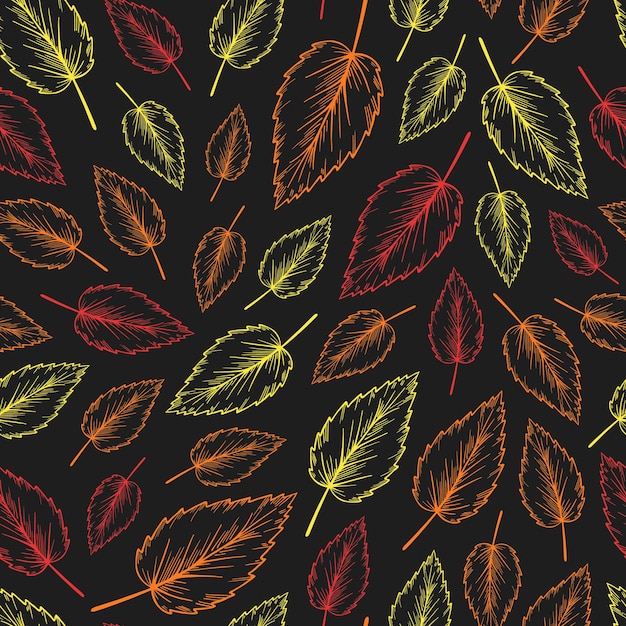 Fall vector naadloos patroon Rode gele en oranje herfstbladeren op zwarte achtergrond