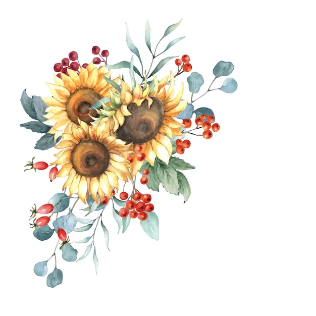 Fall Watercolor Bouquet With Sunflowers, Leaves, Rowan Berries, Twigs.
