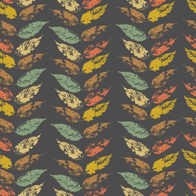 Fallen autumn leaves in vertical rows vector seamless pattern of stamps of natural leaves paint on paper background for fabric prints packaging and postcards