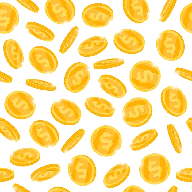 Falling 3d gold money coins seamless pattern isolated on white background. Bingo jackpot casino poker win cash treasure concept flat eps vector illustration