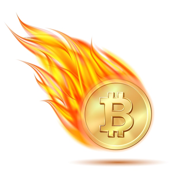 Falling bitcoin sign on fire symbol of burst financial pyramid