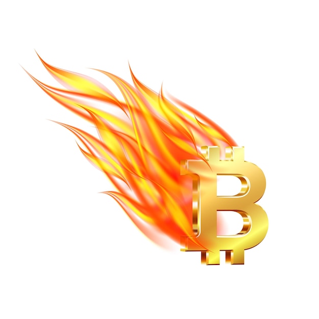 화재에 떨어지는 비트코인 기호 버스트 금융 피라미드의 상징