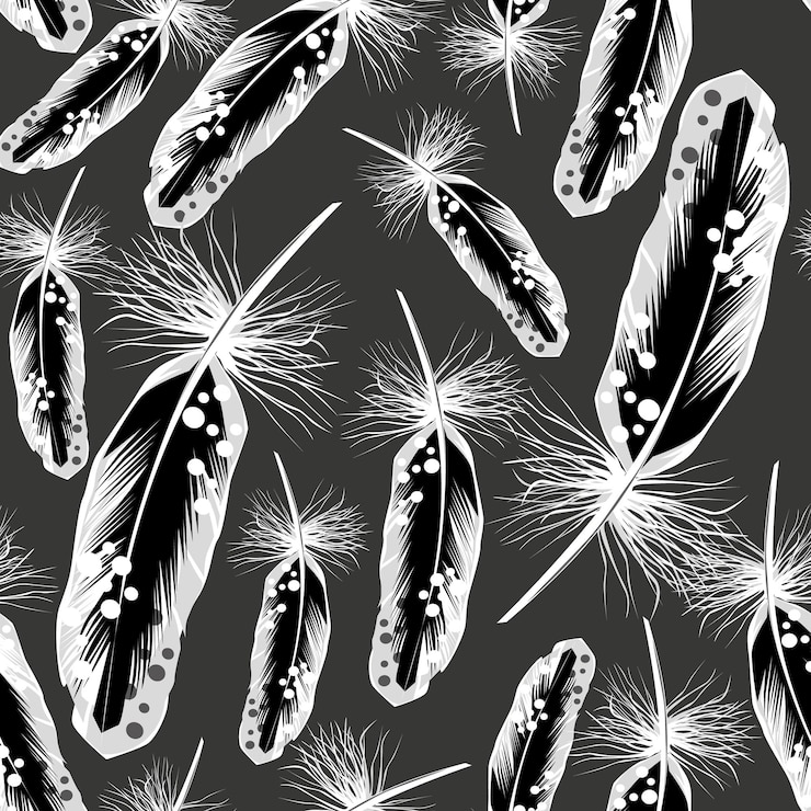Vector falling black and white feathers on grey seamless vector pattern. background, paper, design of cards