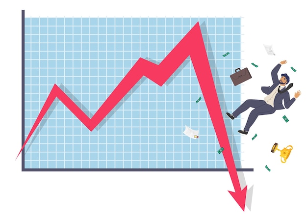 落ちてくるビジネスマンと下向き矢印チャートフラットベクトルイラストビジネスの失敗は経済を崩壊させます...