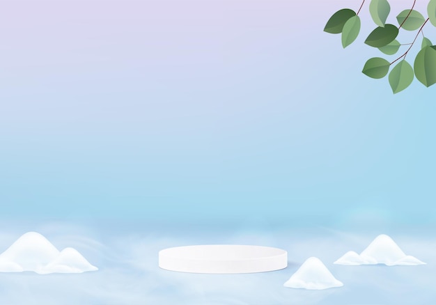 幾何学的なプラットフォームで降るクリスマス輝く雪の最小限のシーン。表彰台でレンダリングする冬の休日の氷雪の背景。製品を展示するために立ちます。ブルーパステルのステージショーケース