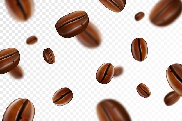 Vector falling coffee beans isolated on transparent background flying defocusing coffee grains applicable for cafe advertising package menu design realistic 3d vector illustration