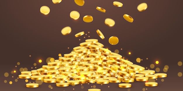 Vector falling coins falling money flying gold coins golden rain jackpot or success concept modern background