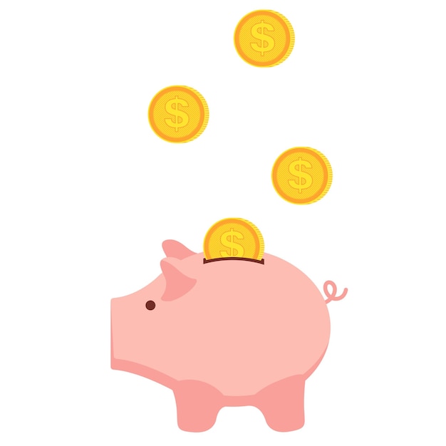 돼지의 형태로 분홍색 돼지 저금통에 떨어지는 동전.