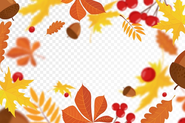 カラフルな秋のカエデとオークの葉落ちるガマズミ属の木とどんぐりデフォーカスぼかし効果と秋の背景葉秋デザイン ベクトル イラスト フラットなデザイン