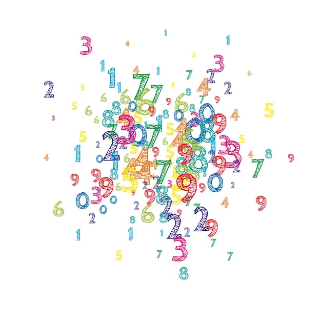 떨어지는 다채로운 순서 번호. 비행 숫자와 수학 연구 개념입니다. 흰색 바탕에 학교 수학 배너로 다시 매력적입니다. 떨어지는 숫자 벡터 일러스트 레이 션.