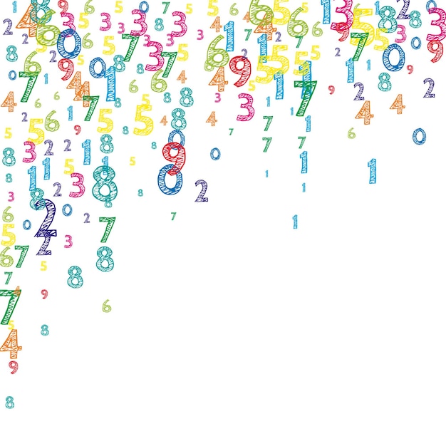 Falling colorful orderly numbers. Math study concept with flying digits. Imaginative back to school mathematics banner on white background. Falling numbers vector illustration.