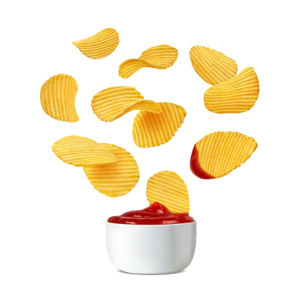 Vector falling crispy ripple potato chips ketchup sauce