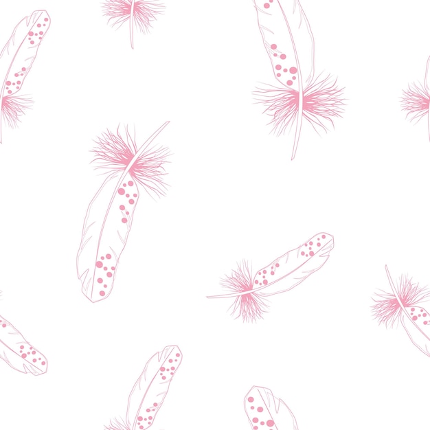 Falling feathers seamless vector pattern. Pink feathers on white background. Line art