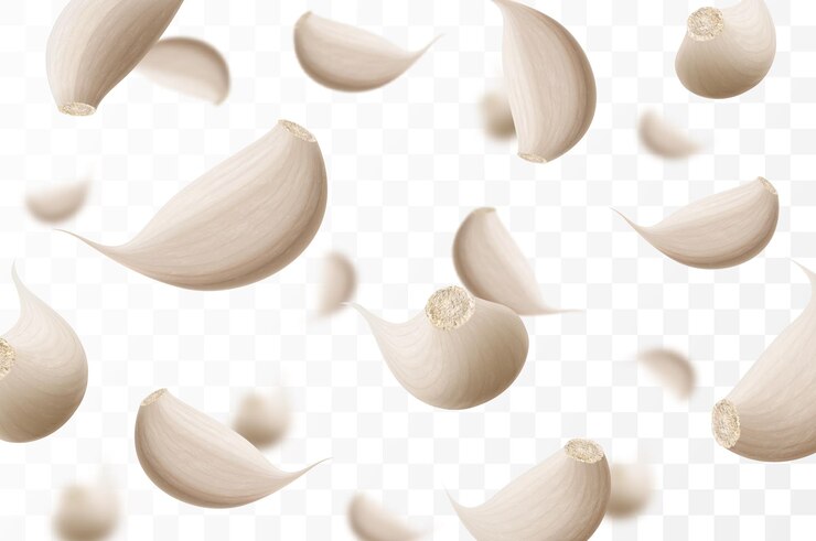 Vector falling garlic isolated on transparent background selective focus flying garlic cloves