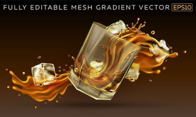 Vector falling glass with a splash of whiskey and ice cubes.