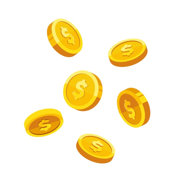 Falling gold coin with dollar sign vector illustration isolated on white background