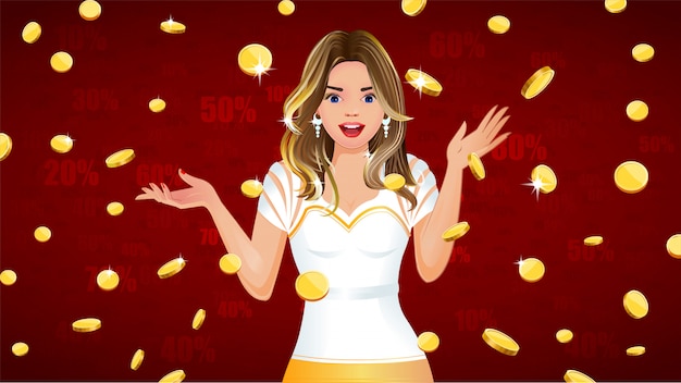 Falling gold coins with surprised girl