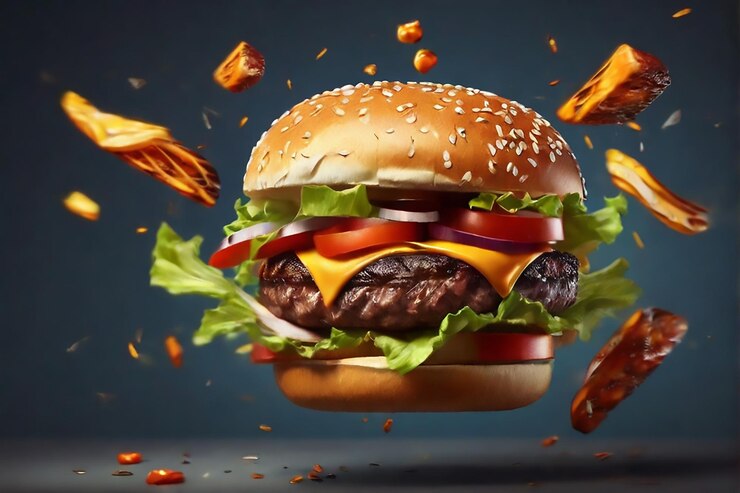 Vector falling hamburger with delicious ingredients tomato slice lettuce splash of sauce meat 3d illus
