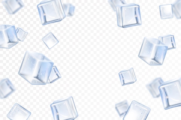 Vector falling ice cube isolated on transparent background selective focus flying ice cubes with blur effect realistic 3d vector illustration