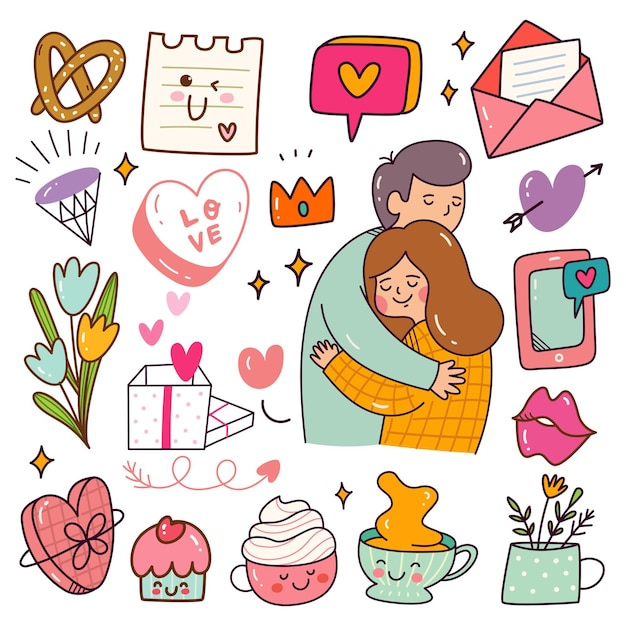 Falling in Love Paar Verwant Object Kawaii Doodle Set