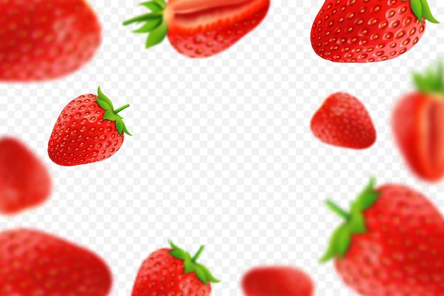 Falling juicy ripe strawberry with green leaves isolated on transparent background. flying defocusing strawberry berries. applicable for juice advertising. vector 3d realistic illustration.