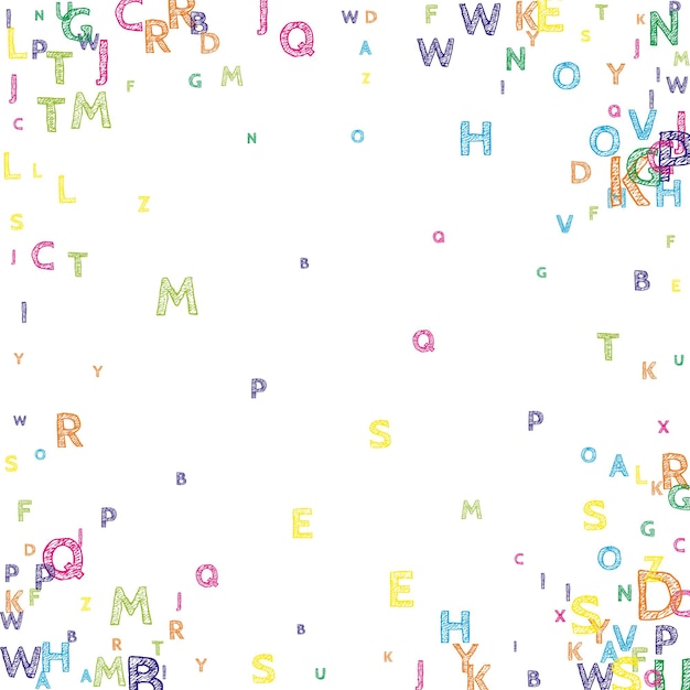 falling letters of english language. bright handdrawn flying words of latin alphabet. foreign languages study concept. bewitching back to school banner on white background.