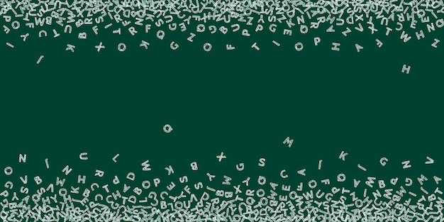 英語の落下文字。ラテンアルファベットのチョークスケッチ飛行単語。外国語学習の概念。黒板の背景に学校のバナーに戻るのに最適です。