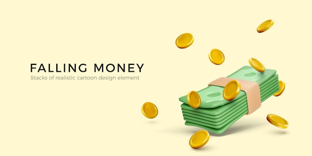 Vector falling money 3d realistic cartoon gold coins and dollar banknote bundle big win or jackpot banner vector illustration