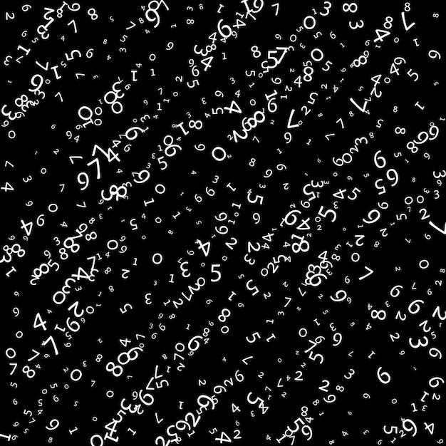 落下数ビッグデータの概念バイナリ白い乱雑な空飛ぶ数字黒の背景に魅惑的な未来のバナー落下数のデジタルベクトル図