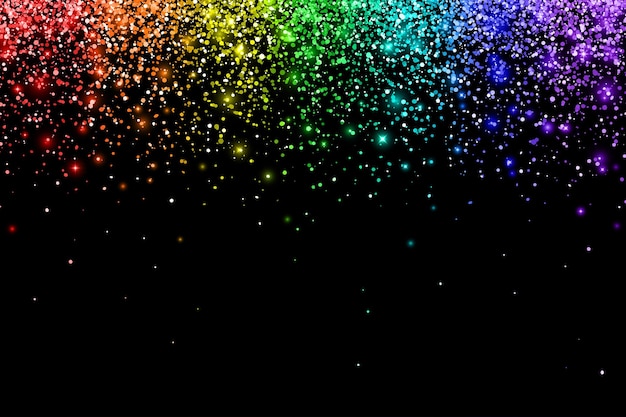 Vettore particelle che cadono con effetto colore arcobaleno su sfondo nero vettore