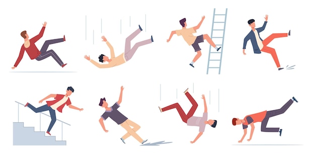 Falling people. danger caution wet floor, falling down stairs, slipping, stumbling and downfall injured man set, beware accidents safety vector flat cartoon isolated unbalanced characters collection