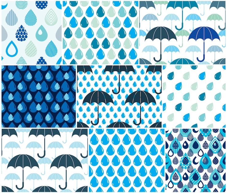 Vector falling rain drops and umbrellas water vector seamless patterns set, weather and nature theme blue colored repeat endless backgrounds collection, dew water dripping.