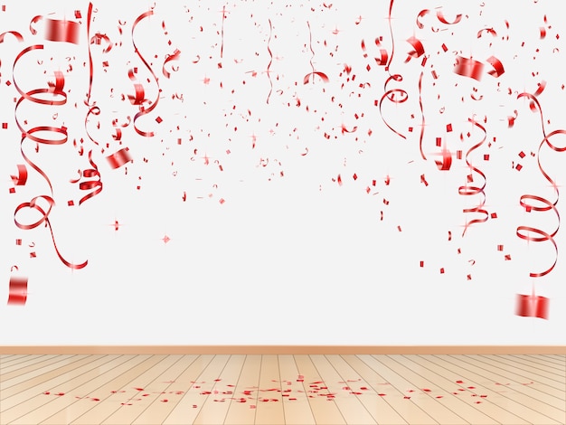 Vector falling red ribbon and confetti on room background