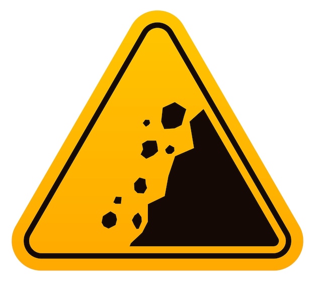 Falling rock danger label yellow caution sign