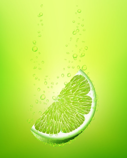Vector falling slice lime fruit into water 3d realistic vector illustration packaging design elements juicy advertising cut citrus cocktail juice