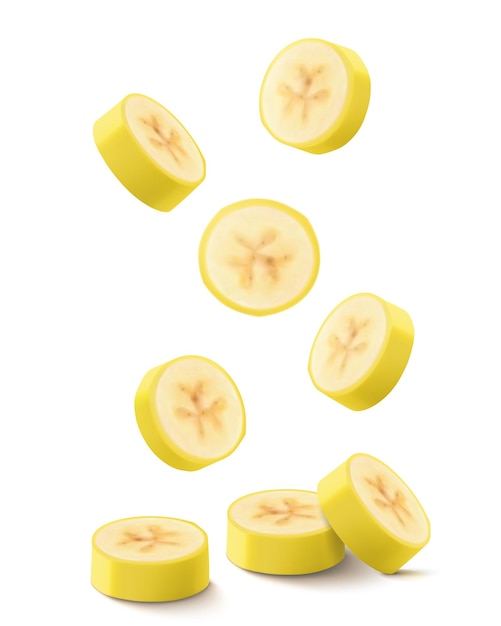 falling sliced banana isolated on transparent background ripe unpeeled circular pieces
