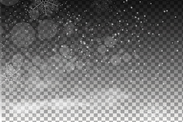 falling snow isolated on dark background. Snowflake transparent decoration effect. Magic white snowfall texture. Winter snowstorm