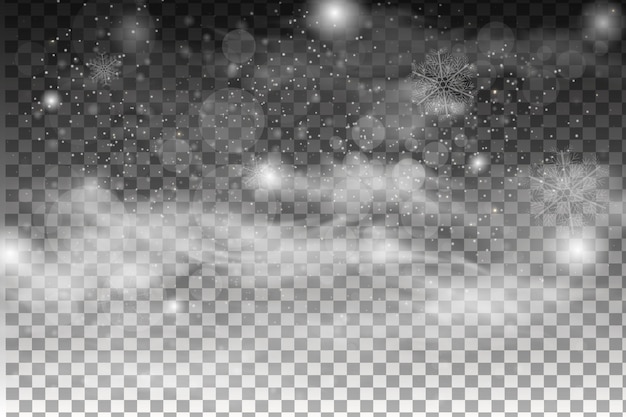 Vector falling snow isolated on dark background. snowflake transparent decoration effect. magic white snowfall texture. winter snowstorm